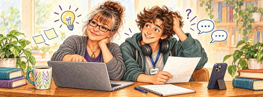 Pencil illustration of Maggie and the Intern working side by side at a desk with laptops, books and doodled ideas