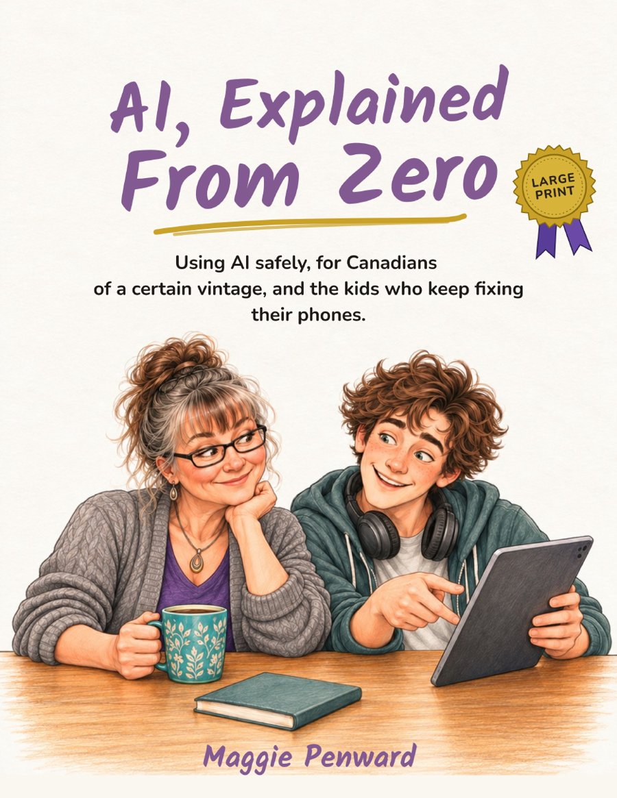 Book cover of AI, Explained From Zero by Maggie Penward: a grandmother with a mug and a teenager with a tablet smiling at a kitchen table