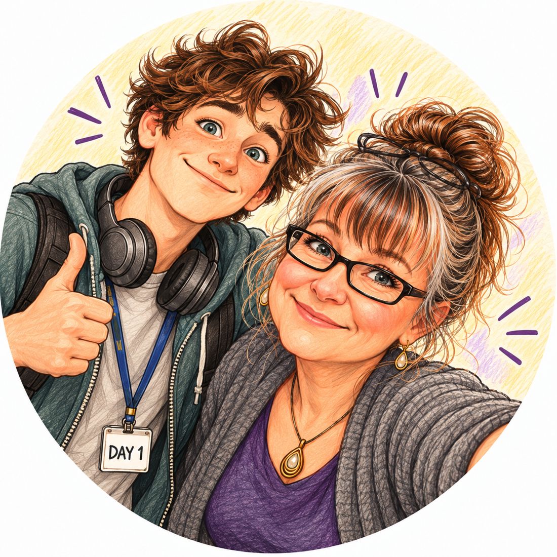 Pencil illustration of Maggie and the Intern side by side, both smiling